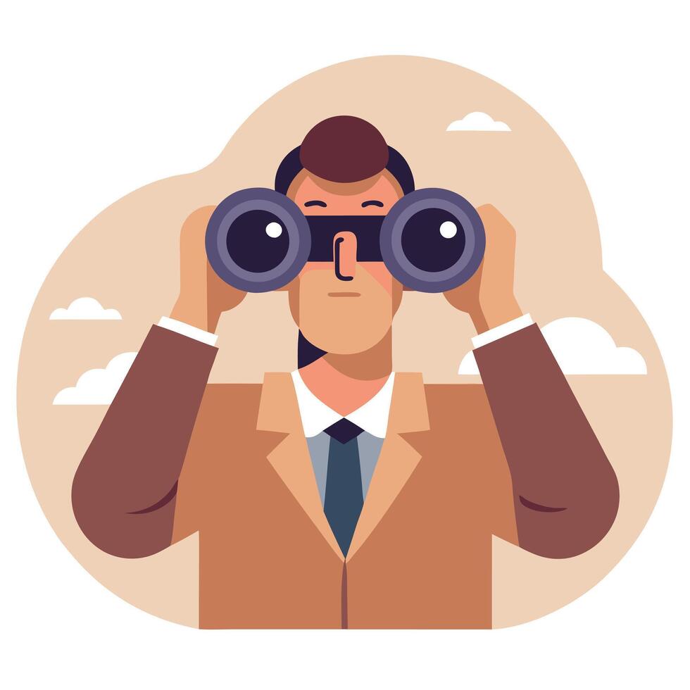 Illustration of Businesswoman Looking Through Binoculars Against a Neutral, Dreamy Background vector