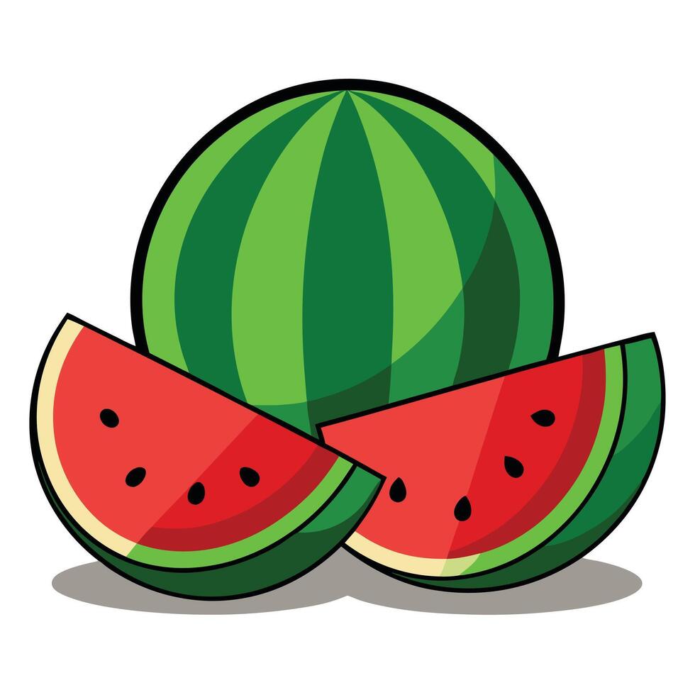 Cartoon Whole Watermelon with Two Slices Showing Red Pulp and Seeds Illustration vector