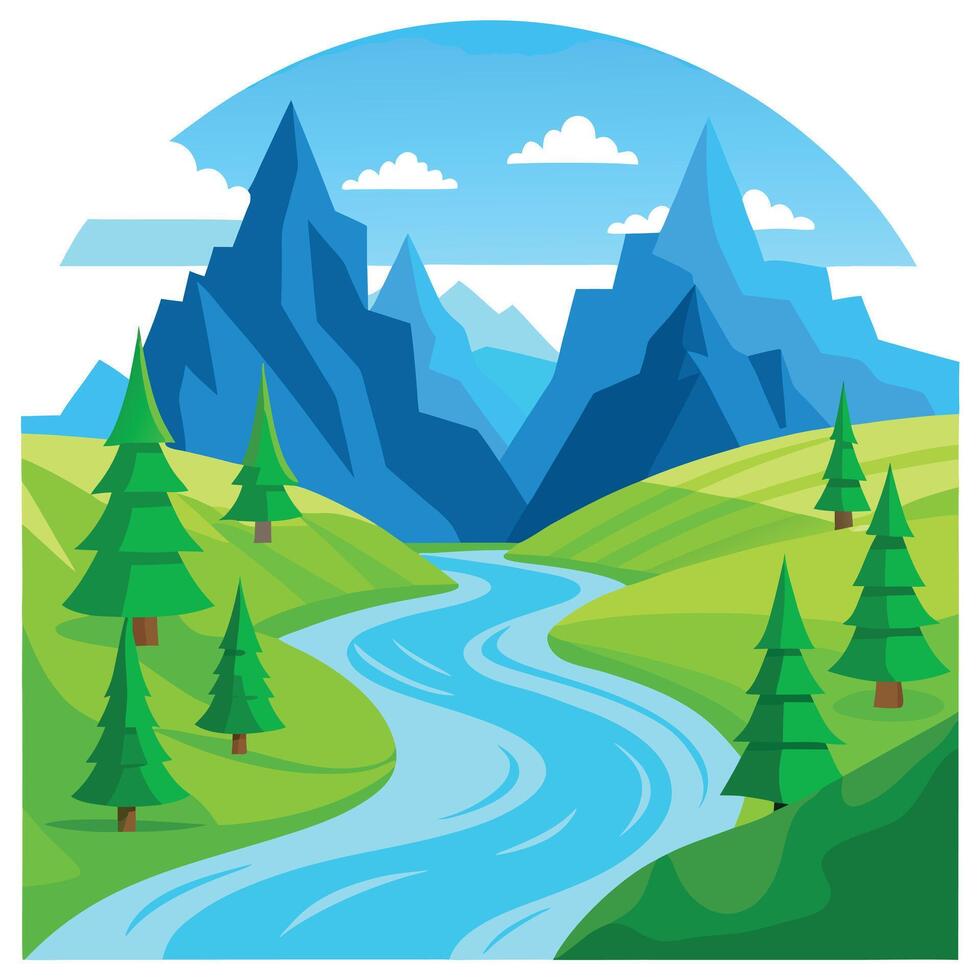 Illustration of a River Flowing Through Green Hills Towards Blue Mountains vector