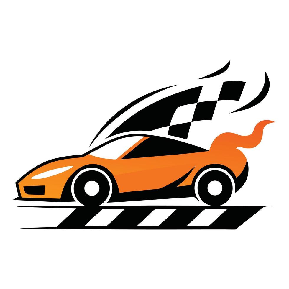 Orange Racing Car with Checkered Flag and Flame Logo on Black Stripes Graphic vector