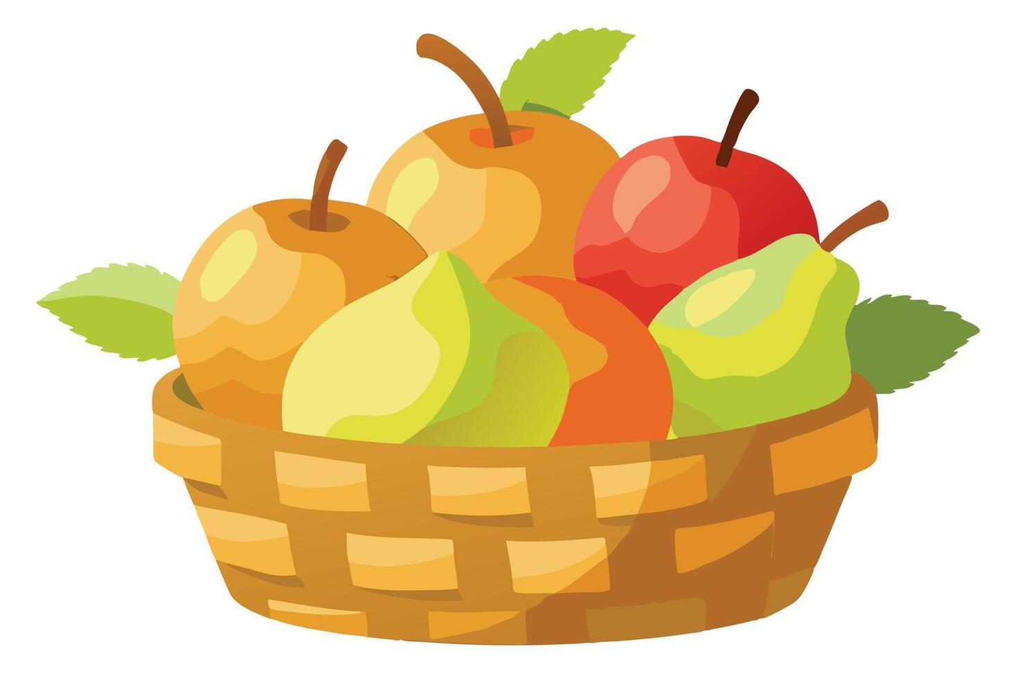 Cartoon Wicker Basket Overflowing with Colorful Fruits and Leaves, a Healthy Still Life vector