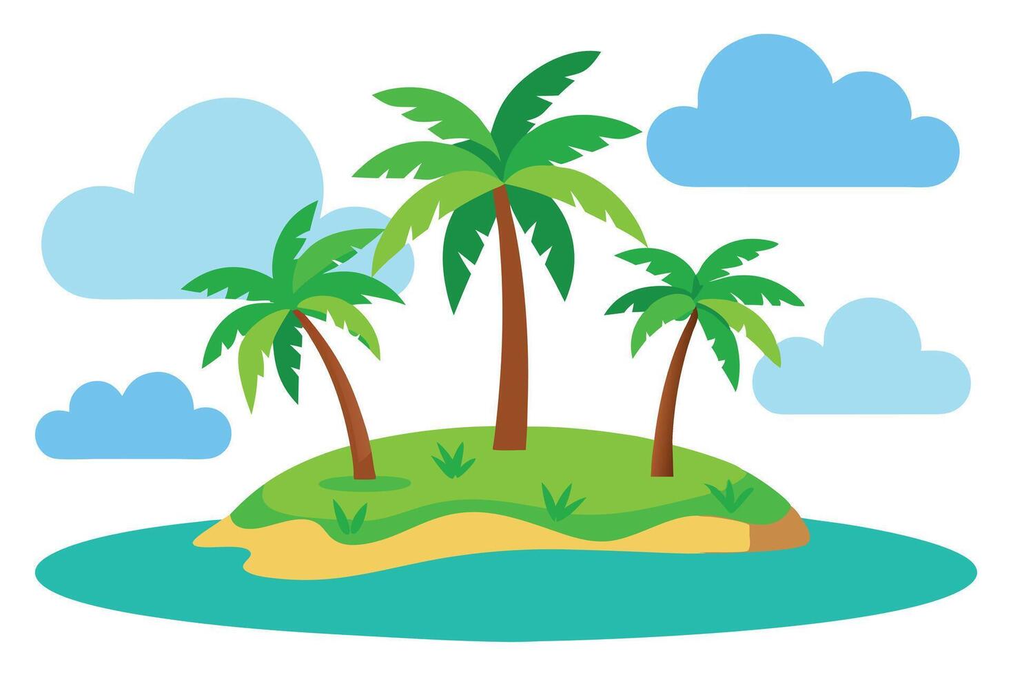 Cartoon Tropical Island Illustration Palm Trees, Sand, and Blue Sky with Clouds vector