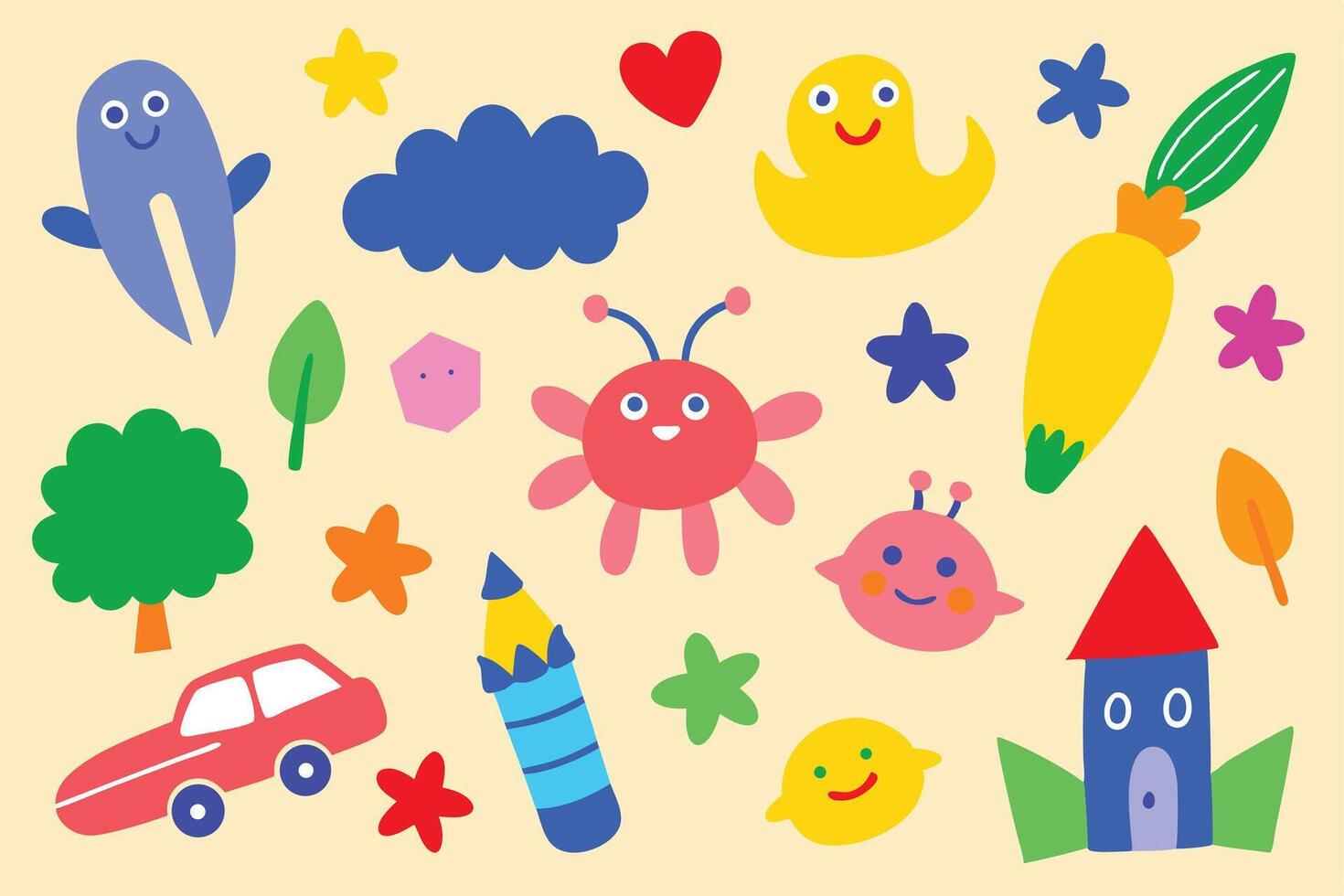 Colorful Illustration of Cartoon Car, House, Tree, Pencil, Star and Other Objects vector