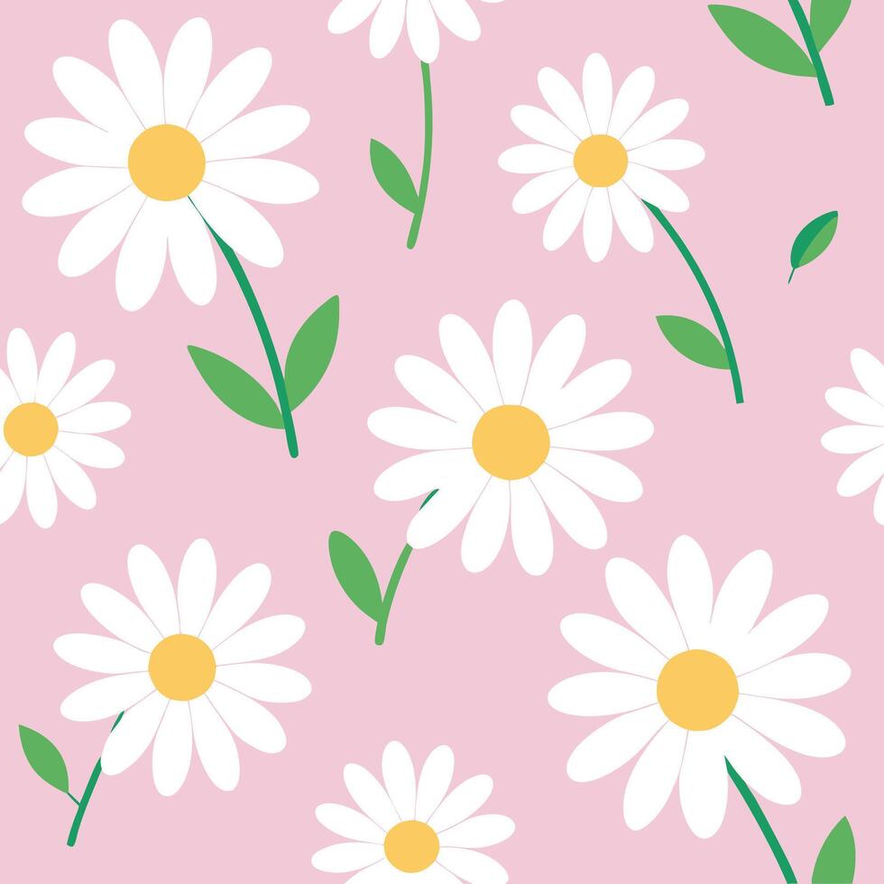 Daisy Flower Pattern with White Petals, Yellow Centers, and Green Leaves on Pink Background vector
