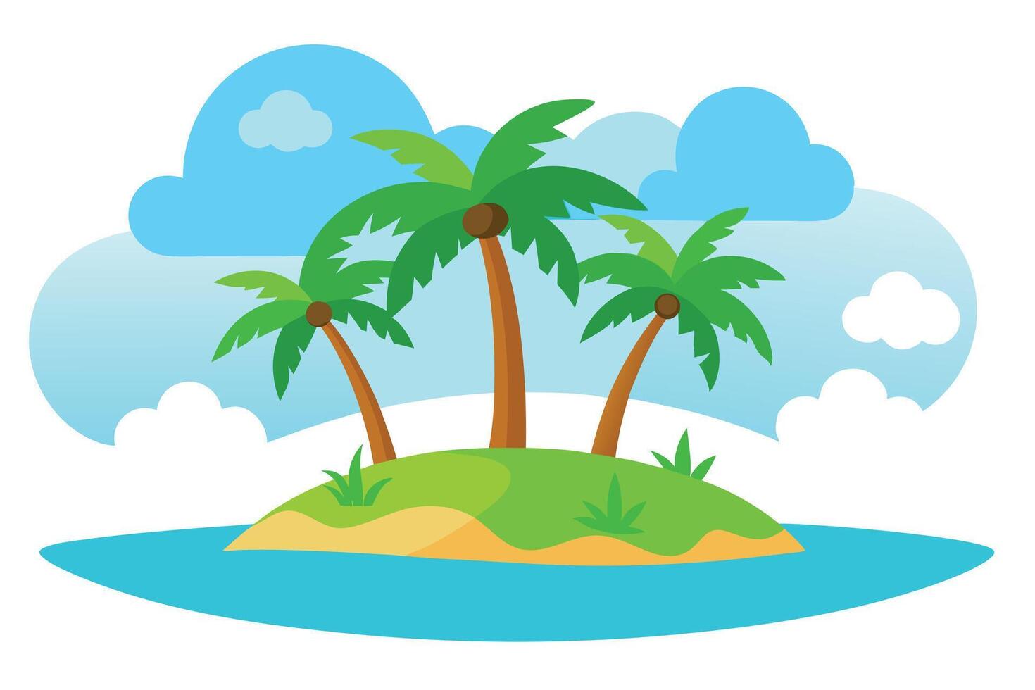 Cartoon Tropical Island with Palm Trees, Blue Water, and Clouds Illustration vector