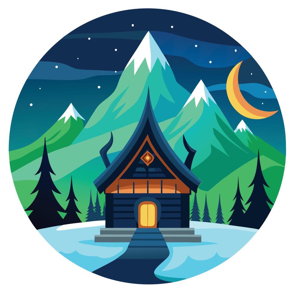 Dark Blue Cabin Before Snowy Mountains Under Crescent Moon Night Sky Illustration vector