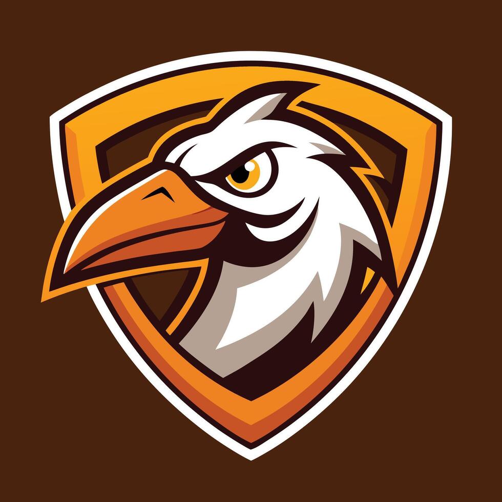 Fierce Eagle Mascot Head with Golden Eye within Shield, Brown Background vector