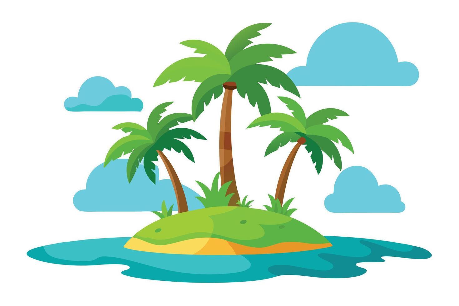 Isolated Tropical Island with Palm Trees Surrounded by Water and Clouds Cartoon vector