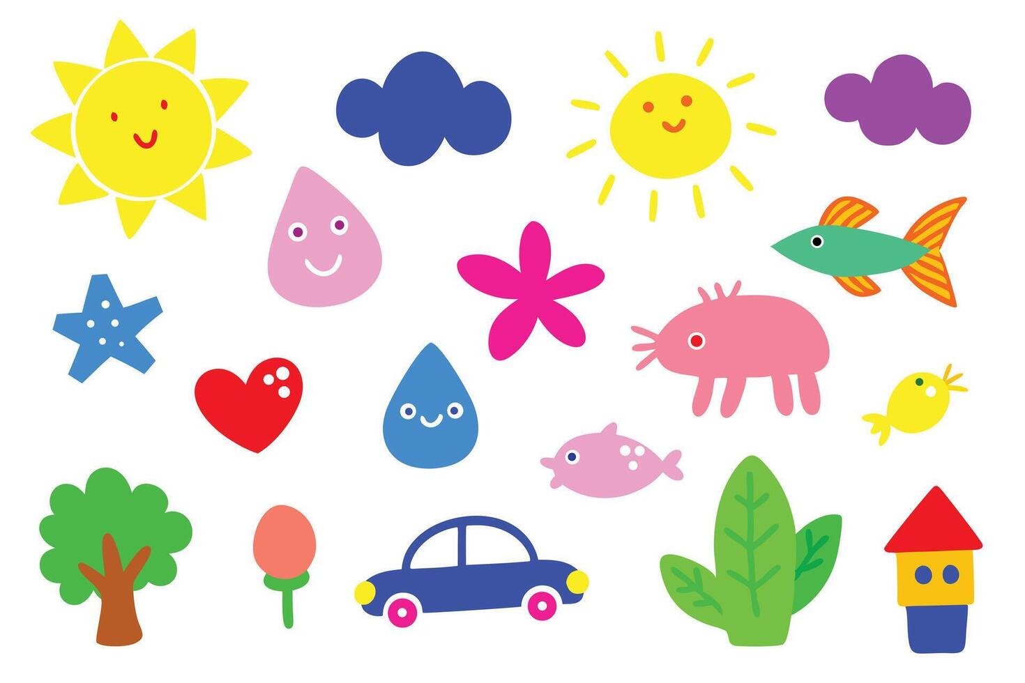 Cheerful Cartoon Illustrations Featuring Sunshine, Clouds, Hearts, Fish, and Various Adorable Objects vector