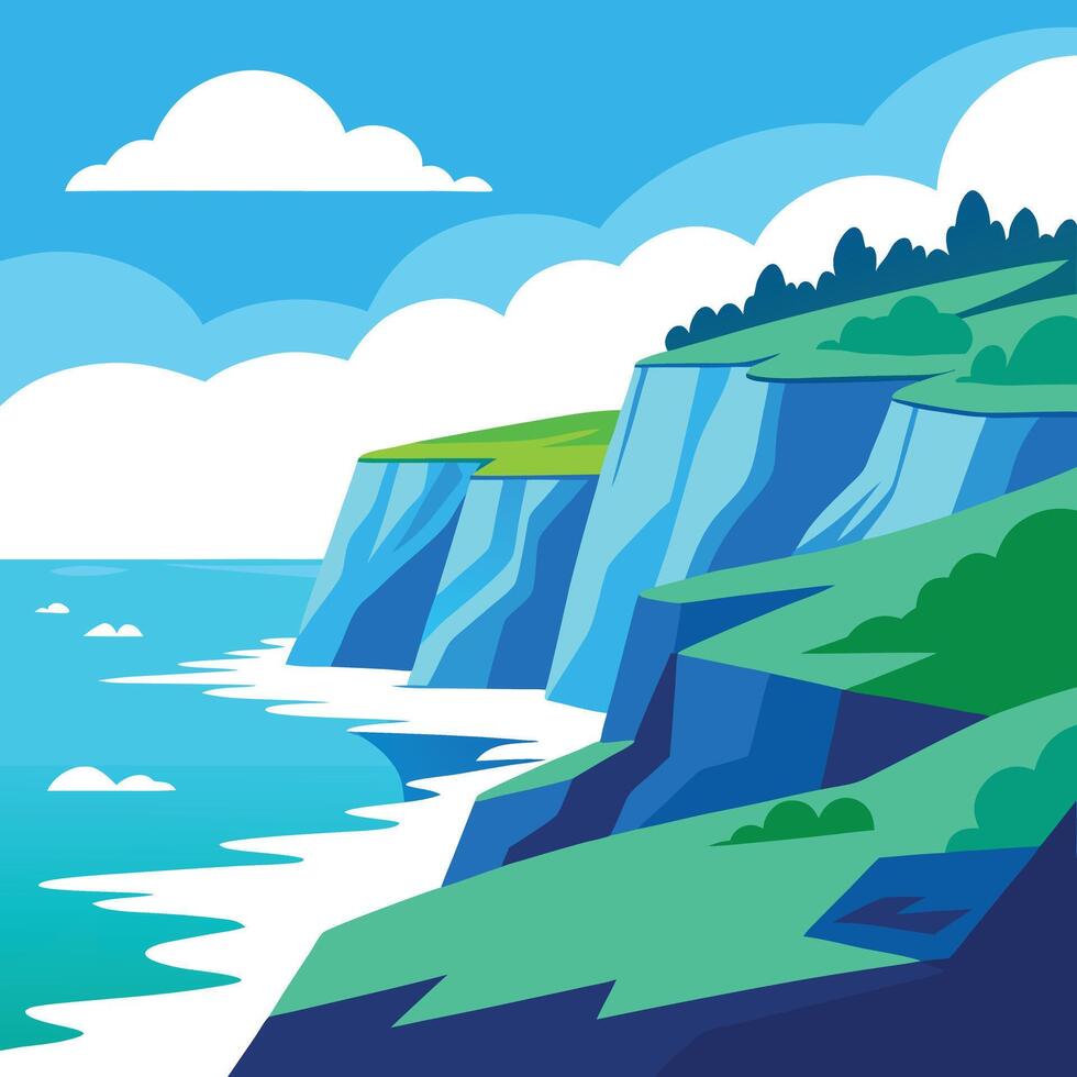 Illustrated Coastline with Cliffs, Blue Sea, Green Grass, and Cloudy Sky vector