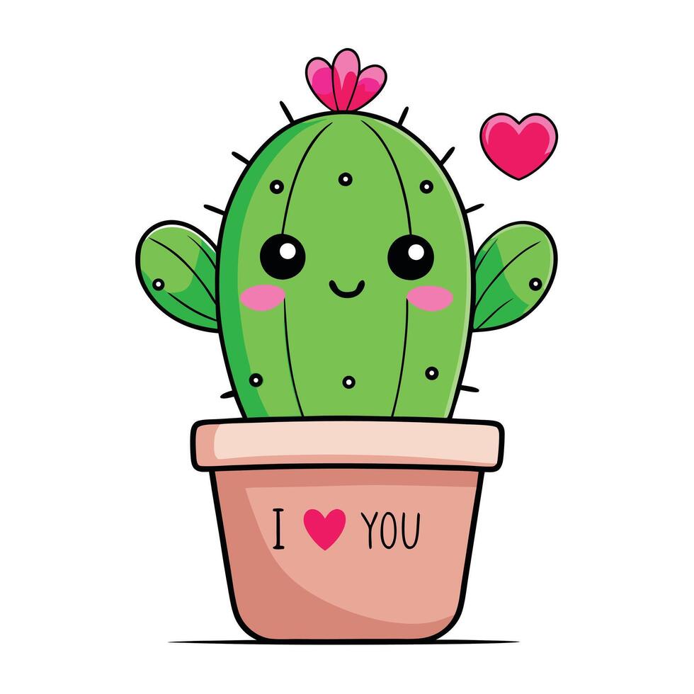 Cute Cactus in Pot with Flower and Heart Cartoon Illustration vector