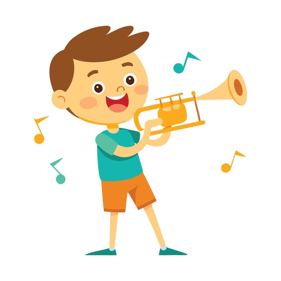 Cheerful Boy Playing a Golden Trumpet with Musical Notes Surrounding Him vector