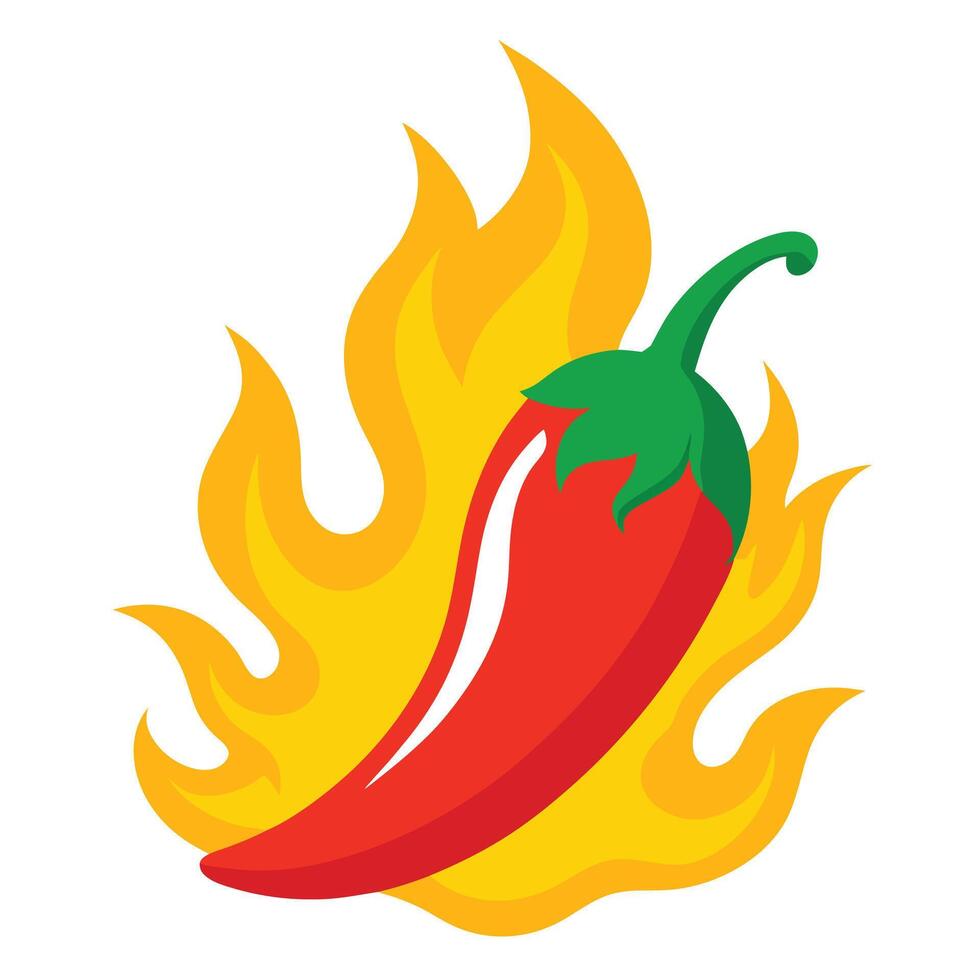 Fiery Red Chili Pepper Surrounded by Bright Orange Flames on a White Background vector