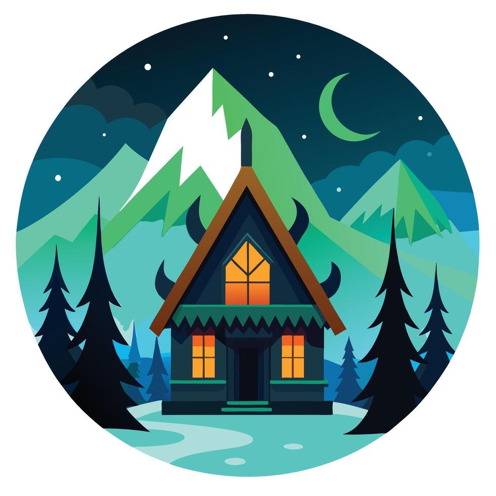 Illustrated Night House with Horns in Mountains under Crescent Moon and Stars vector