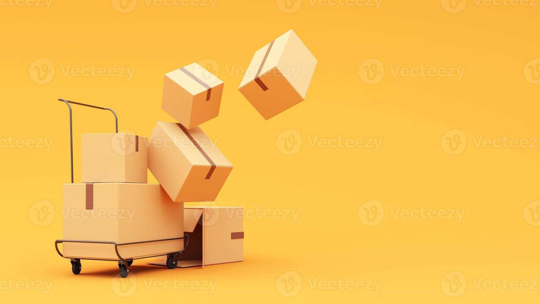 3d illustration of a cart with boxes on a yellow background photo