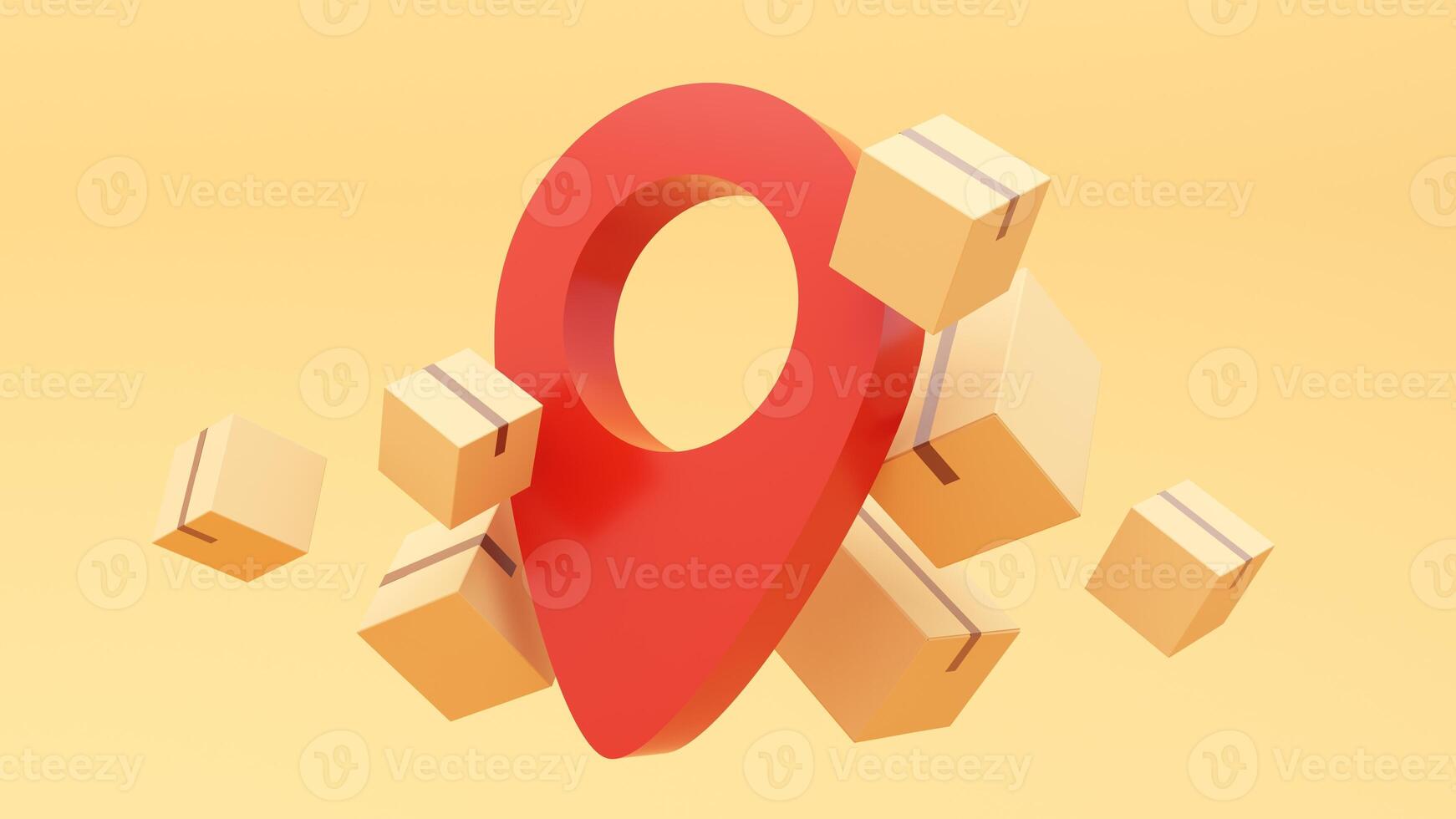 3d illustration of a red pin on yellow background with boxes and a map pointer photo