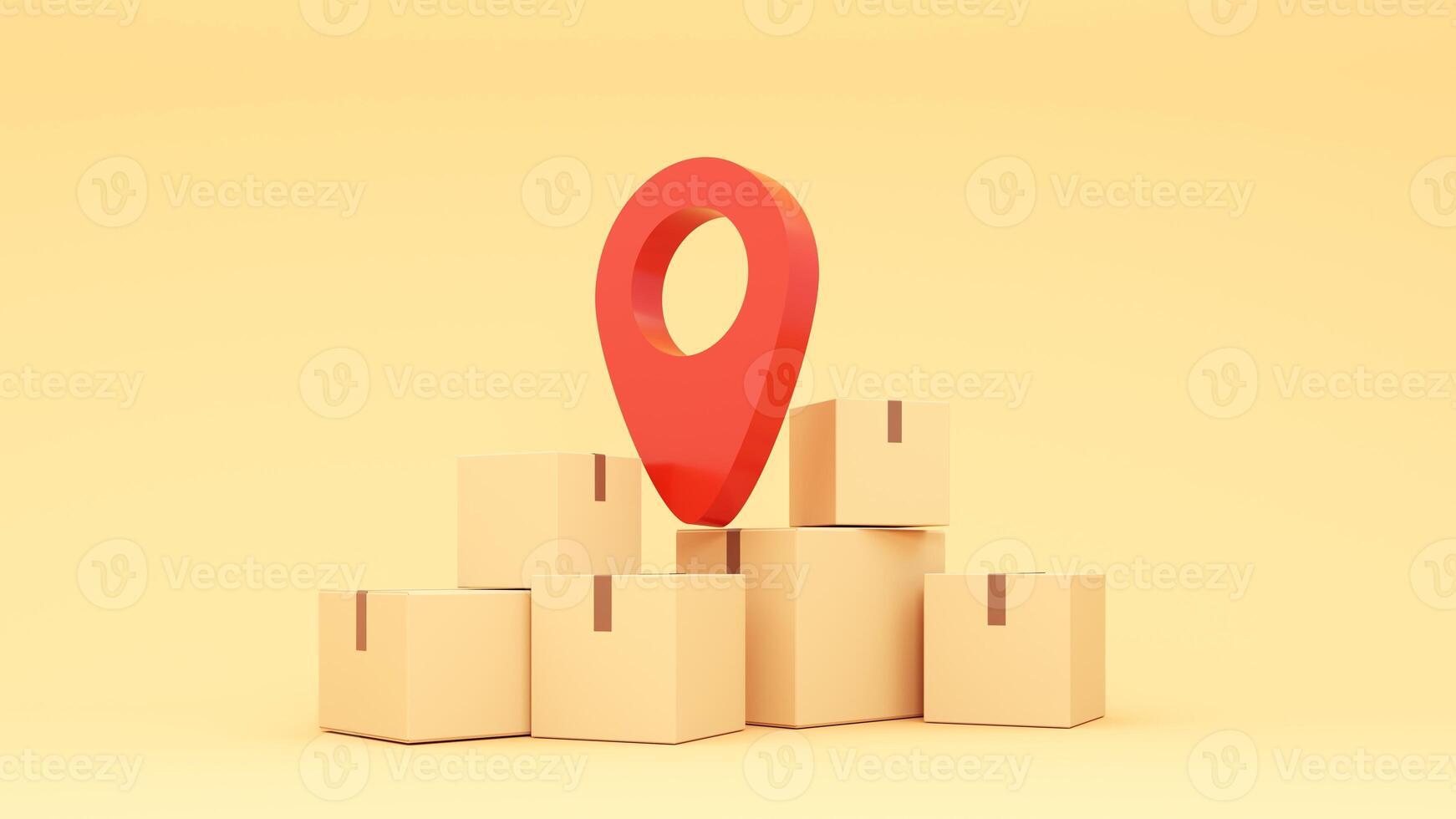 3d illustration of a red pin on top of boxes and a map pointer on yellow background photo