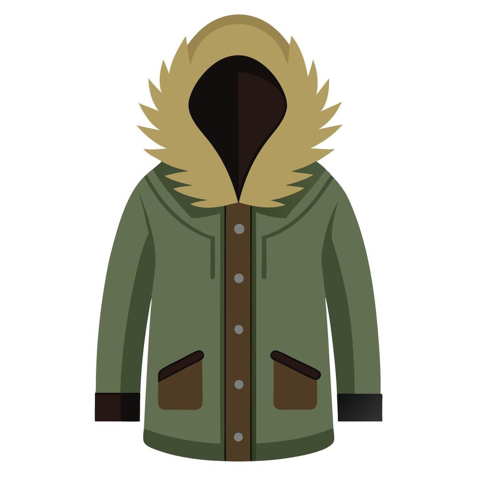 Olive Green Parka Jacket Illustration with Fur Hood and Pocket Details Isolated vector