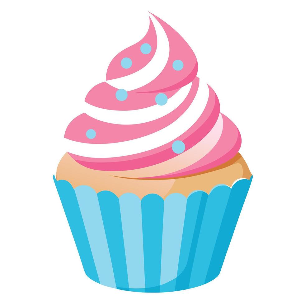Whimsical Cupcake with Pink Swirl Frosting and Light Blue Liner Illustration for Dessert Theme vector