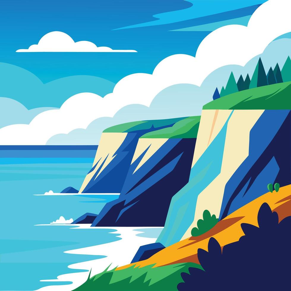 Colorful Coastal Cliffs Illustration with Azure Ocean and Cloudy Blue Sky vector