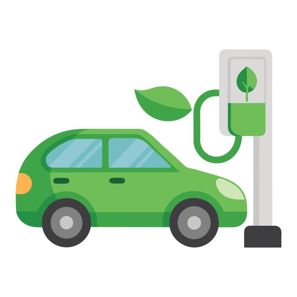Green Electric Car at Charging Station with Leaf Symbolism, Clean Energy Graphic vector