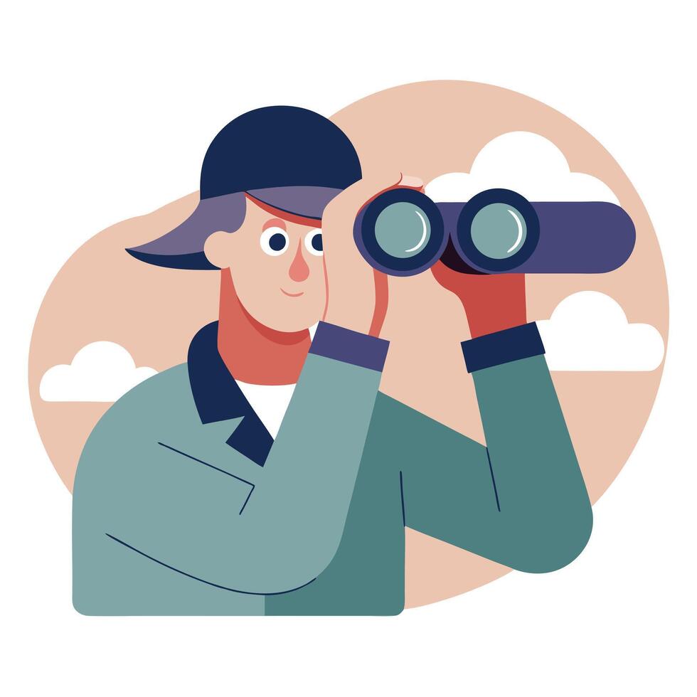 Cartoon Man with Binoculars Searching Against a Sky with Clouds Illustration vector