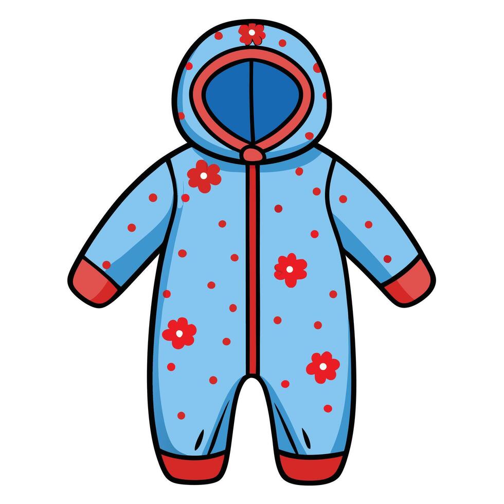 Adorable Blue Baby Onesie with Hood, Red Flowers and Dots Design Illustration vector