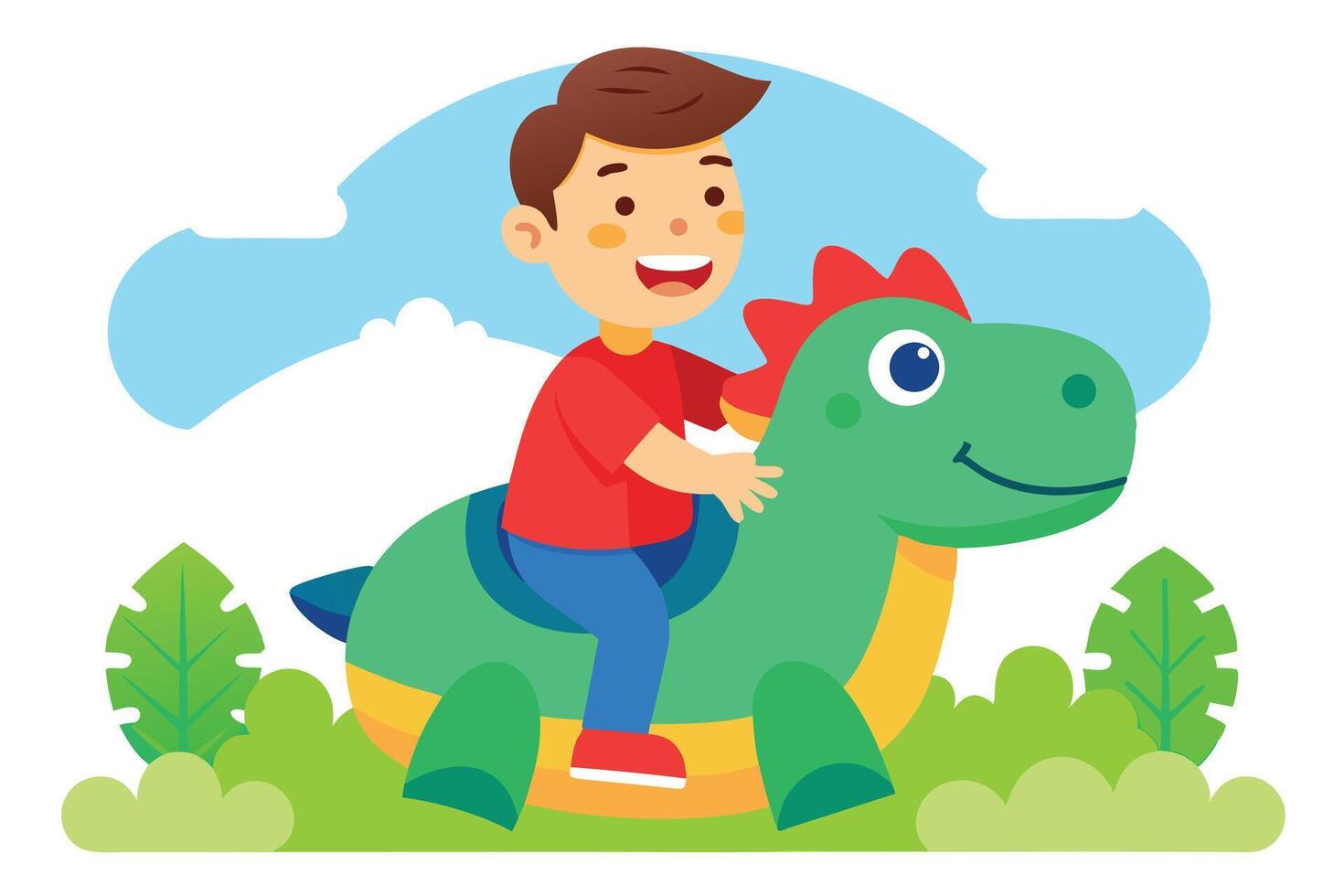 Happy Boy Riding a Green Dinosaur Spring Rider with Sky Background Illustration vector