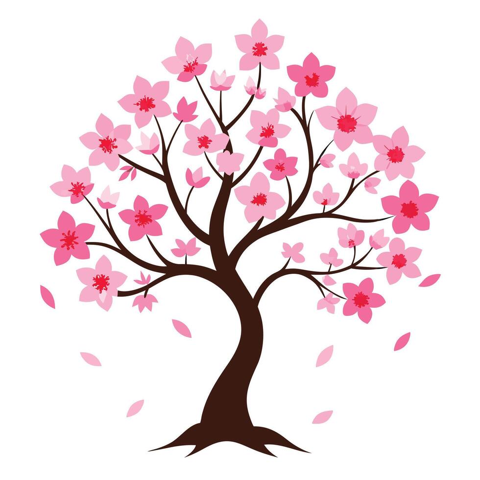 Pink Blossom Tree Illustration with Falling Petals on a White Background vector