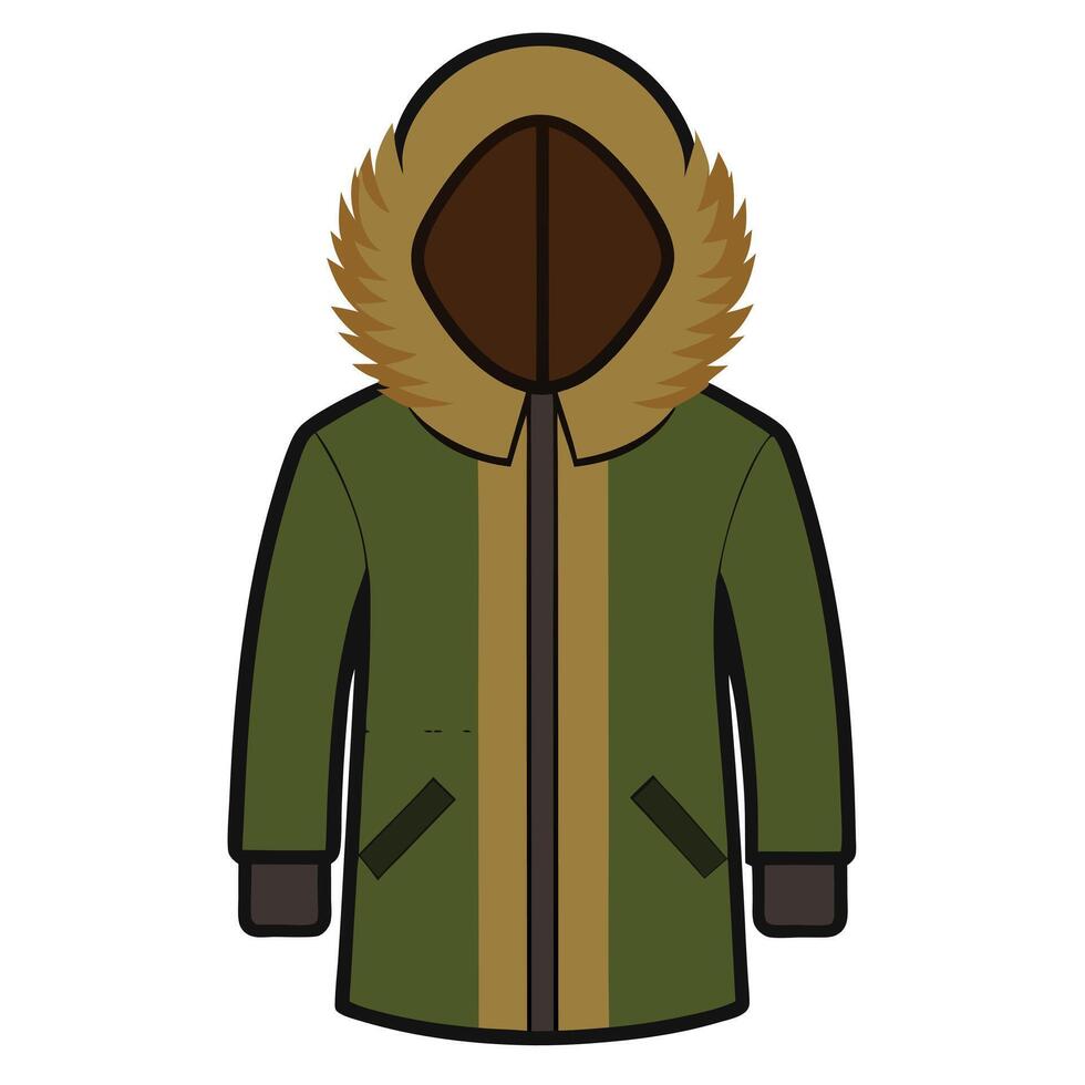 Isolated Olive Green Winter Coat with Furred Hood and Brown Accents Design vector