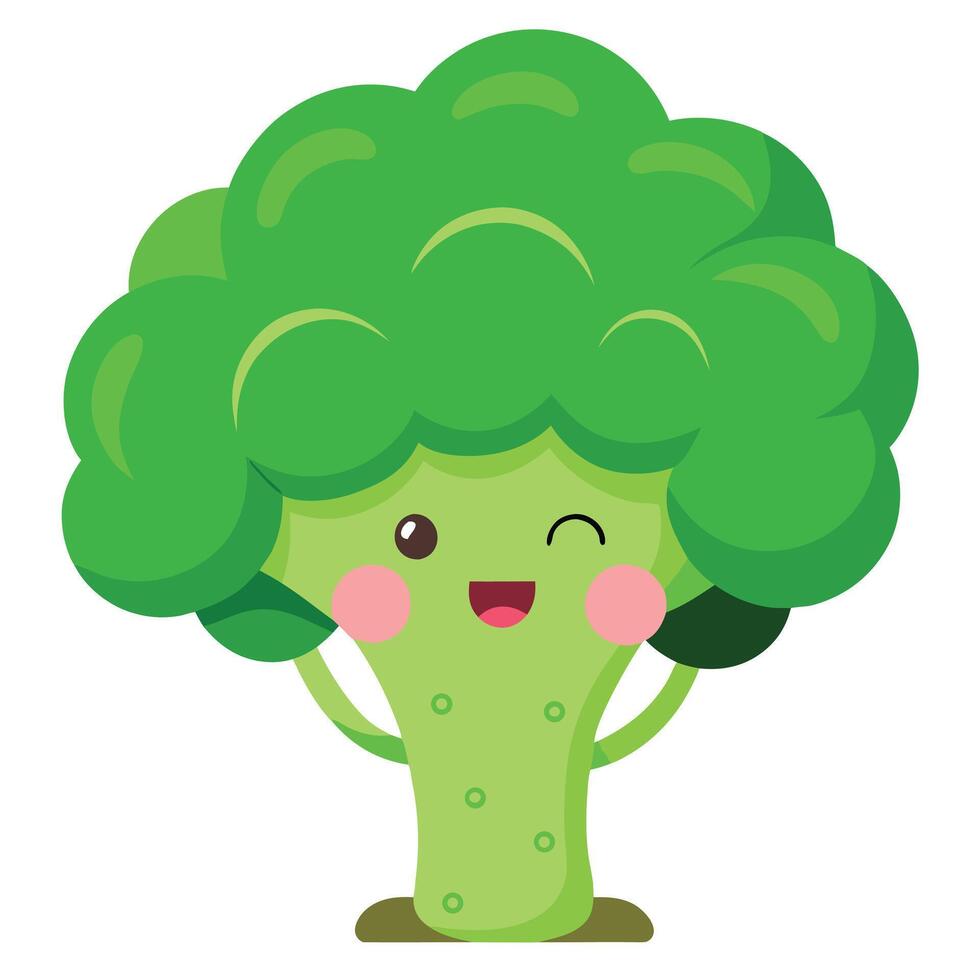 Cheerful Broccoli Character with Winking Eye, Pink Cheeks, and Arms Raised in Joy vector