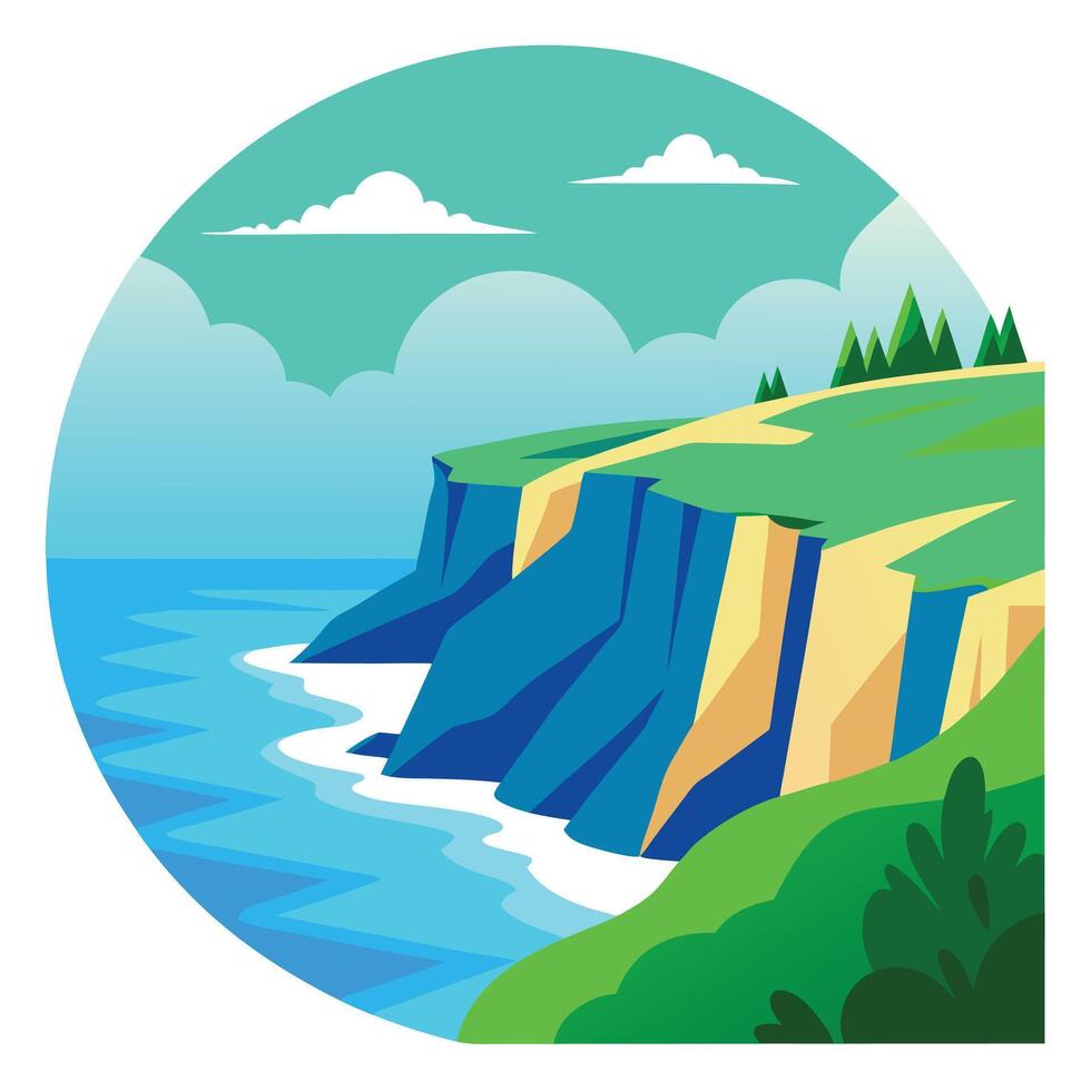 Coastal Cliffs Illustration with Ocean View, Green Landscape, and Sky Backdrop Design vector