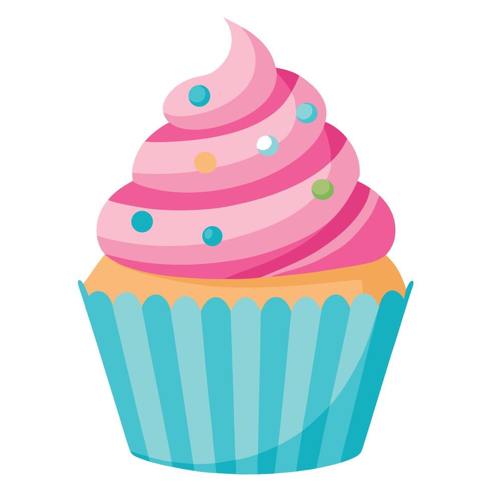 Cartoon Cupcake with Pink Frosting and Colorful Sprinkles in Blue Wrapper Illustration vector