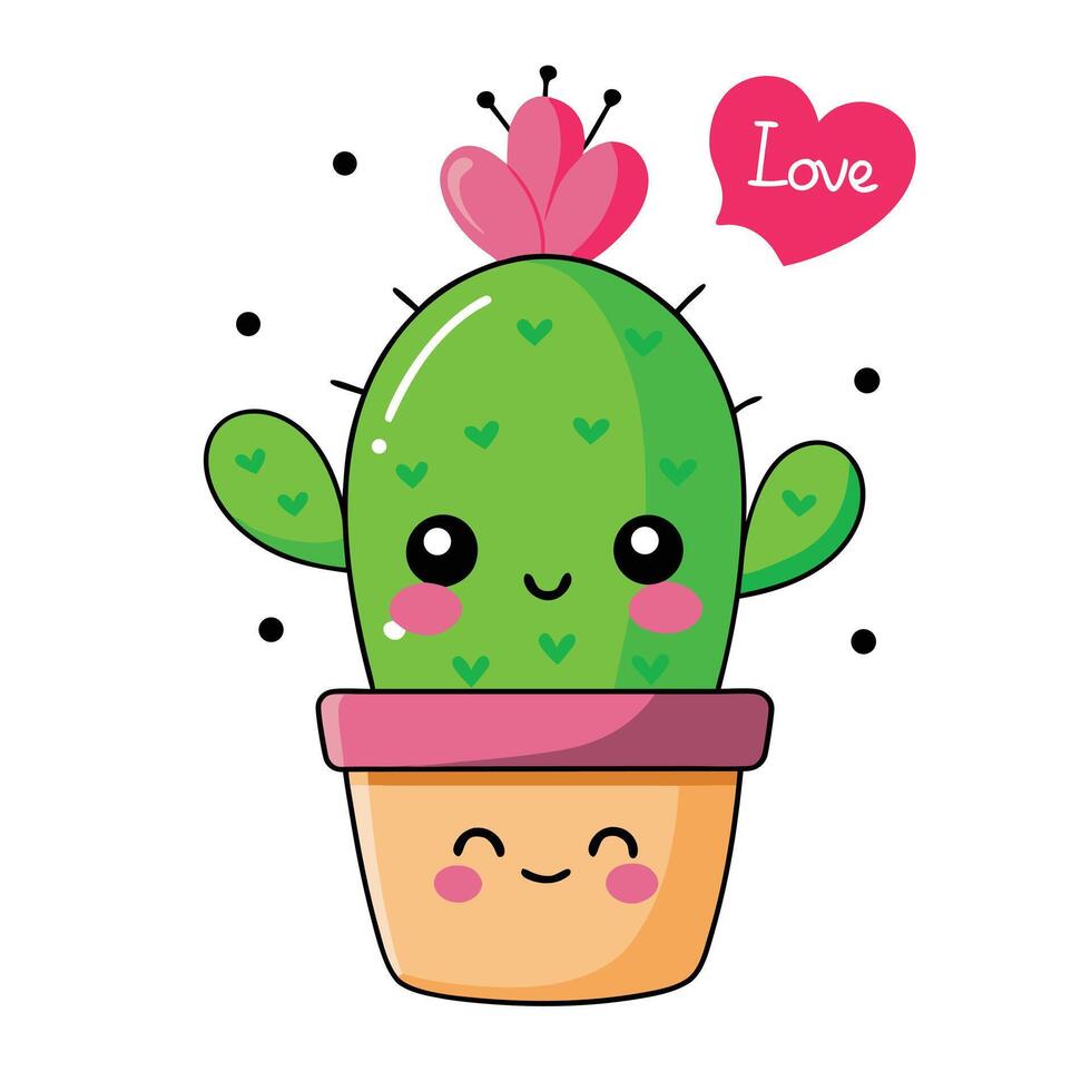 Cartoon Cactus with Flower in Pot and Love Heart Illustration vector