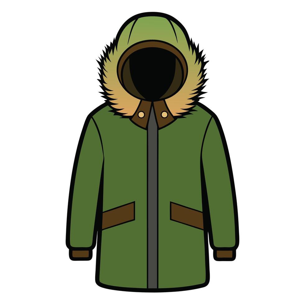Olive Green Winter Coat with Hood Trimmed with Faux Fur Illustration vector