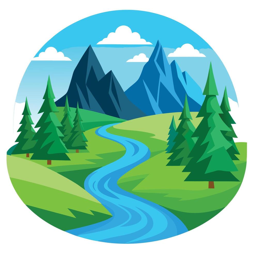 Cartoon Mountain Landscape with River, Evergreen Trees, and Sky Illustration vector