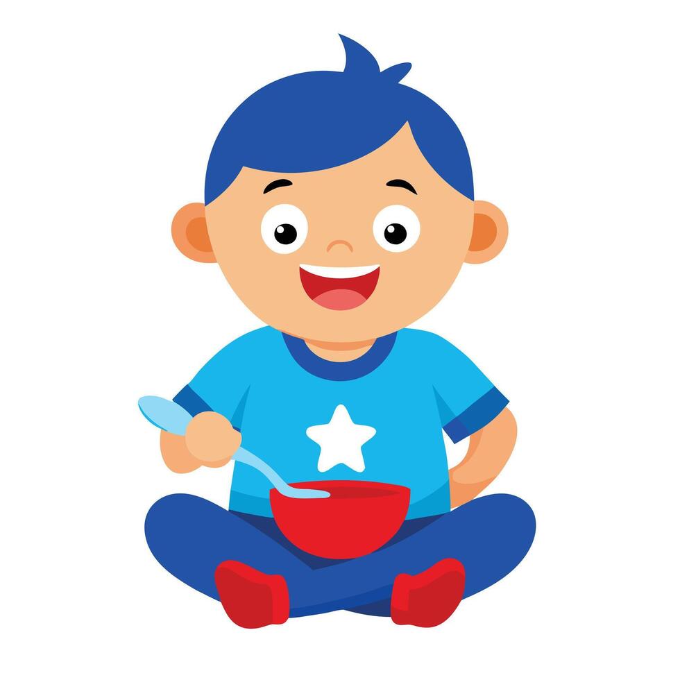 Cartoon Baby Boy Eating from Red Bowl with a Spoon on White Background vector