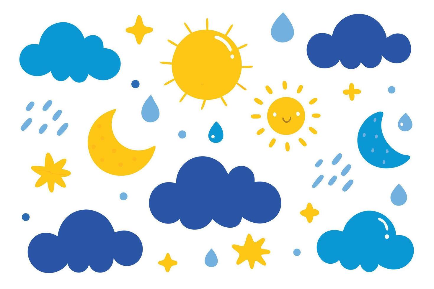 Whimsical Weather Elements Clouds, Sun, Moon, Stars, and Rain Illustration vector