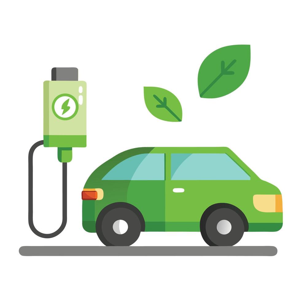 Electric Vehicle Charging with Green Energy Source near Leaves Flat Illustration vector