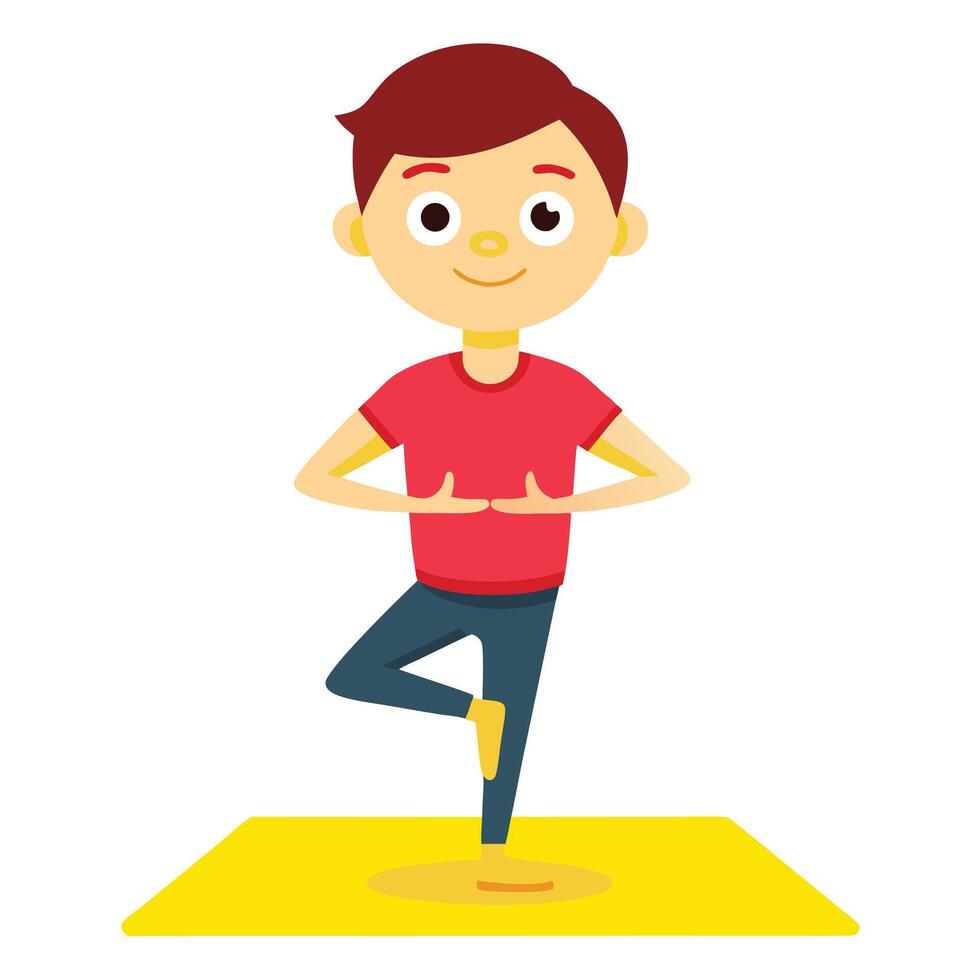Cartoon Boy Performing Tree Pose Yoga on Yellow Mat for Wellness vector
