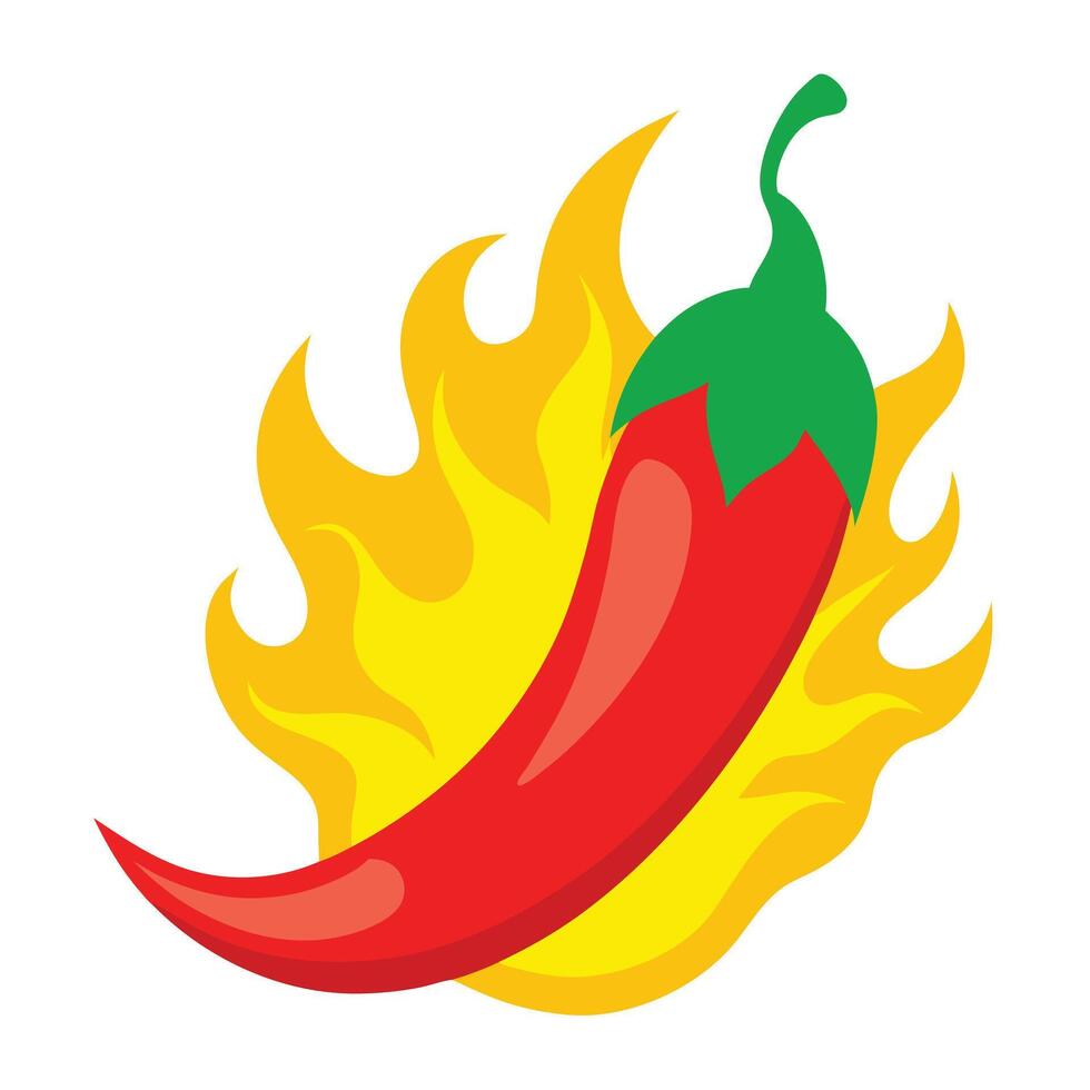 Fiery Red Chili Pepper with Green Stem Engulfed in Blazing Flames Illustration vector
