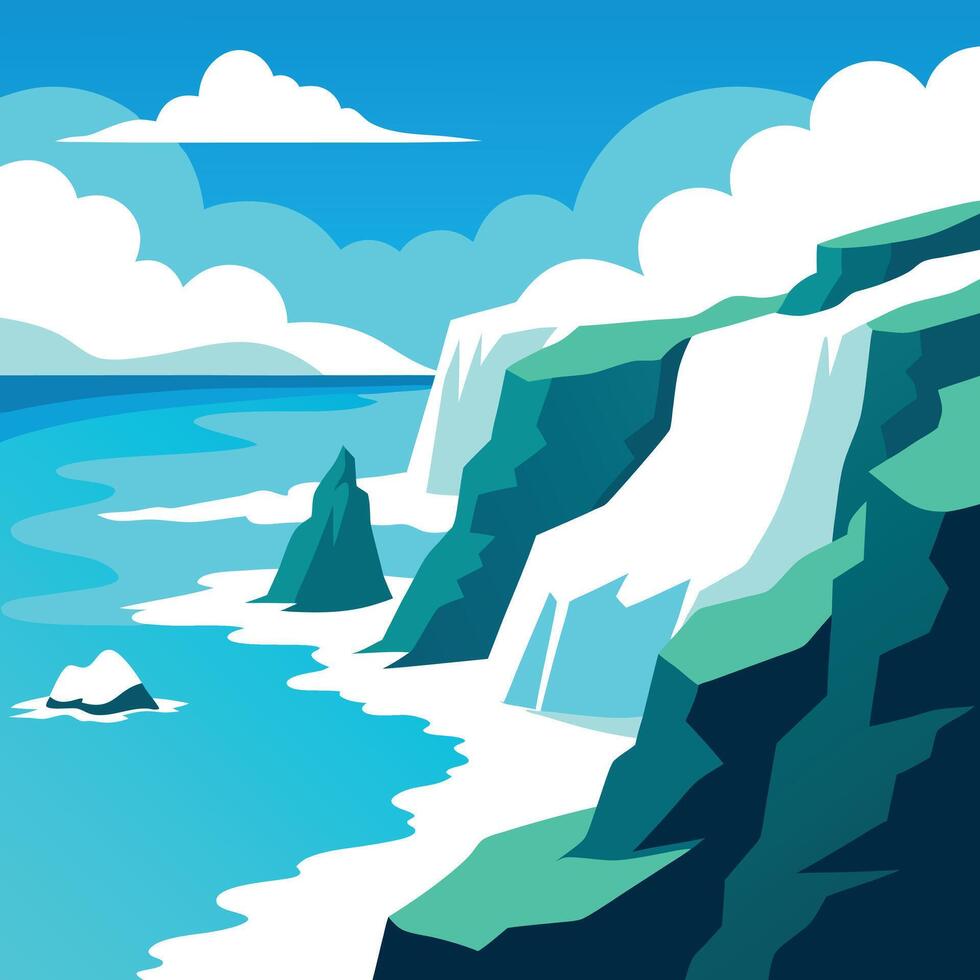 Coastal Cliffs Cascade into the Turquoise Sea Under a Cloudy Sky vector