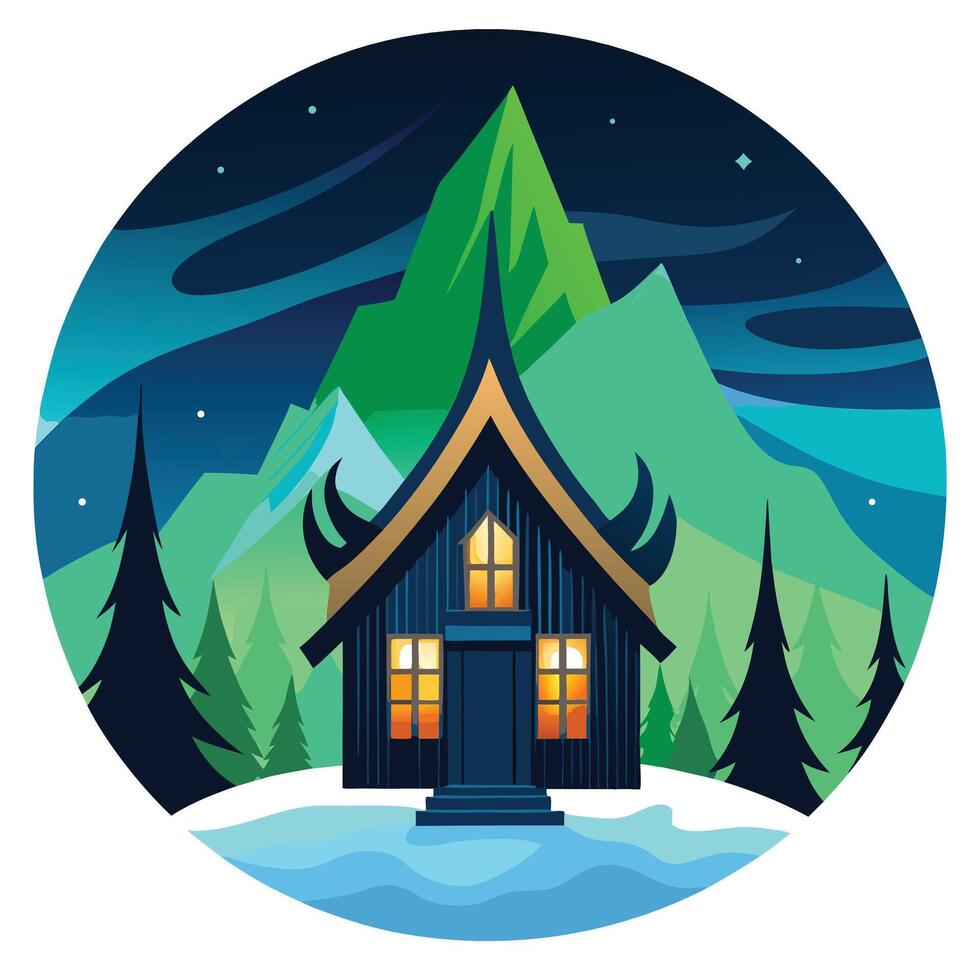 Winter Cabin under Aurora Borealis, Mountains and Forest Landscape Illustration in Circle vector