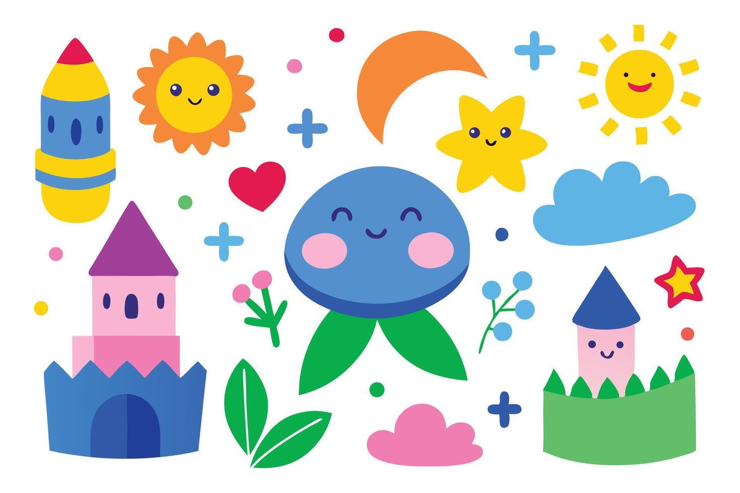 Playful Cartoon Illustration with Smiling Sun, Moon, Stars, Castle, Rocket, and Cute Character vector