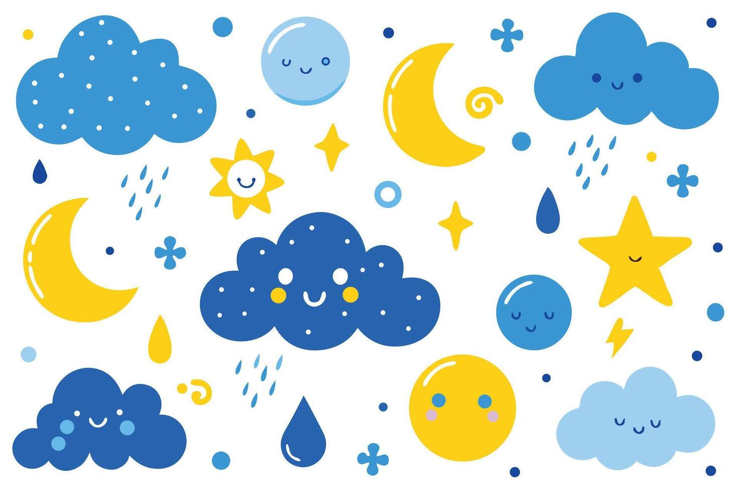 Playful Weather Icons Clouds, Crescent Moons, Stars, and Raindrops Design vector