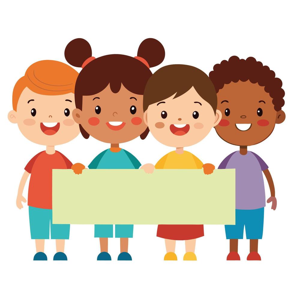 Cheerful Diverse Cartoon Kids Holding a Blank Banner, Colorful Clothes and Smiles vector