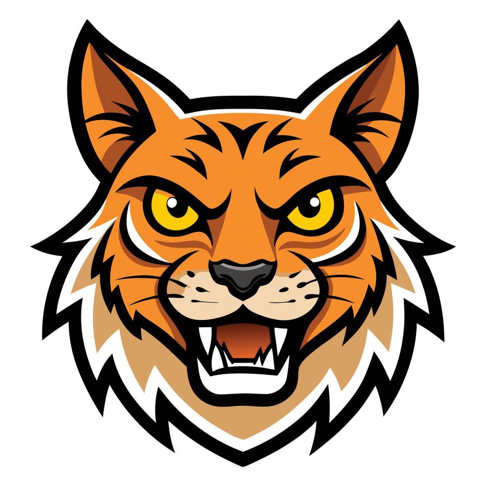 Angry Orange Bobcat Head Mascot with Black Outline and Sharp Teeth Illustration vector