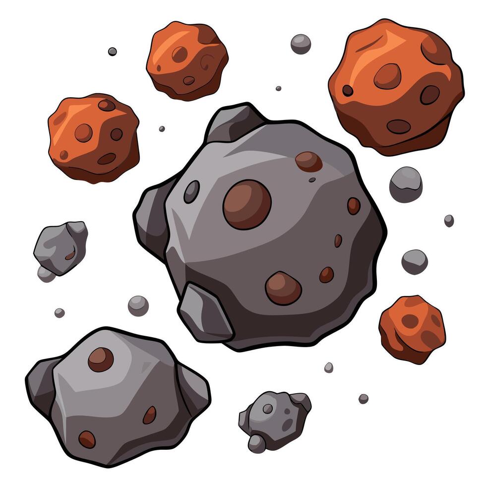 Cartoon Asteroids and Space Rocks Floating on Clean White Background Composition vector