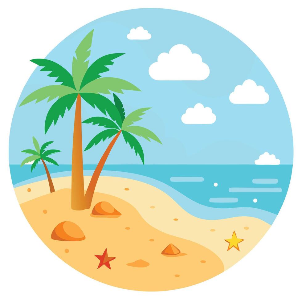 Cartoon Beach with Palm Trees, Starfish, and Gentle Waves in a Circle vector