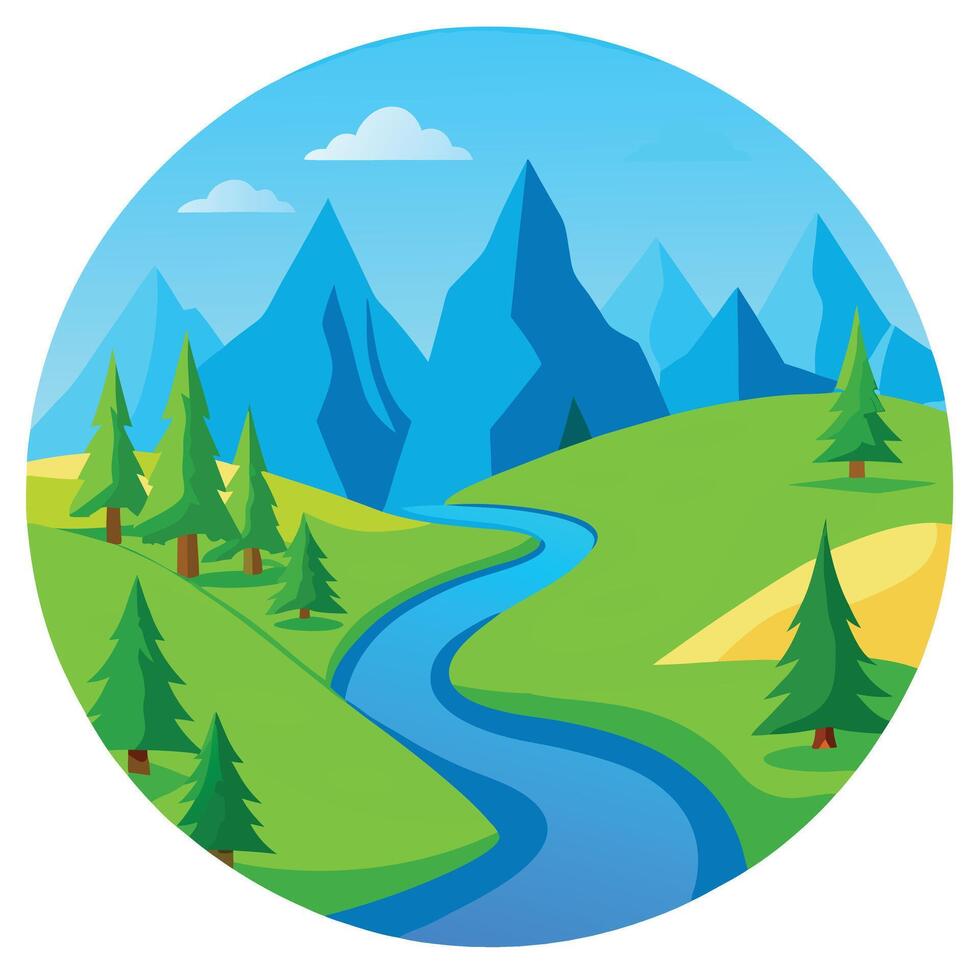 Cartoon Mountain Landscape with River, Trees, and Blue Sky Illustration vector
